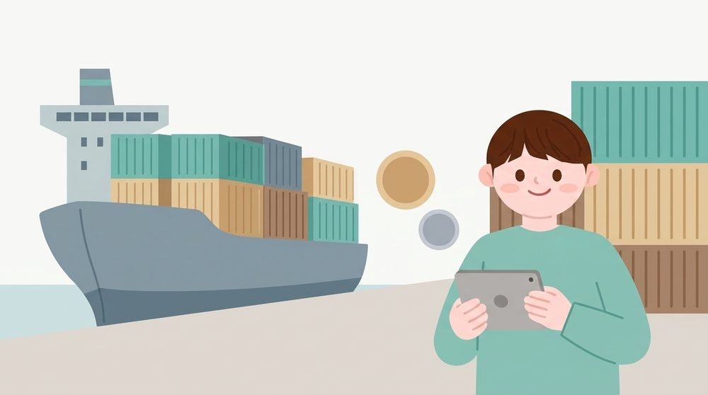 항구의 컨테이너선과 태블릿을 든 수출 회사 대표