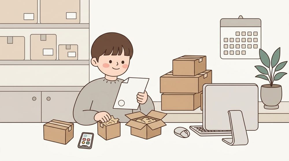 해외 쇼핑앱으로 주문한 상품 박스를 사업자 명의 통관 서류와 함께 확인하는 셀러