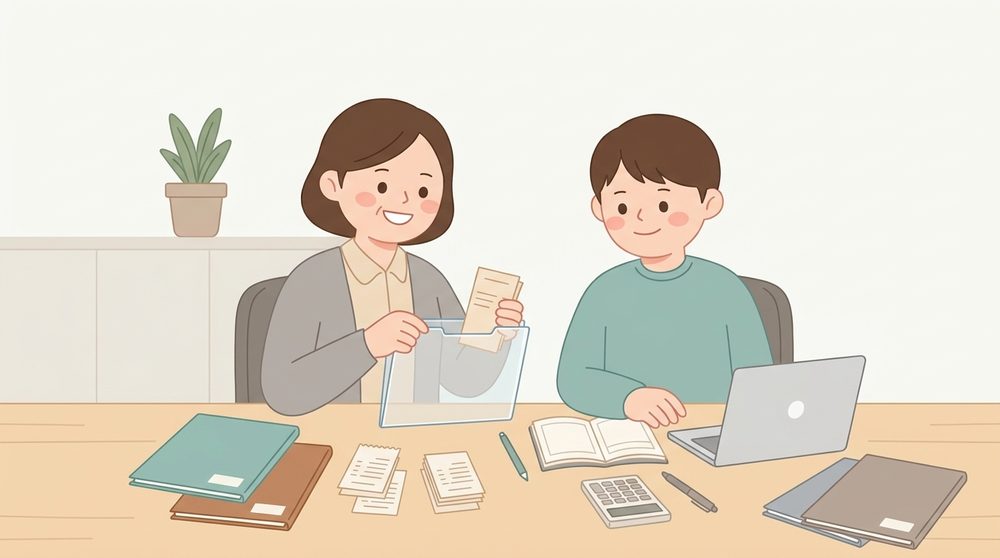 세무사와 함께 장부와 영수증을 정리하는 소규모 사업자