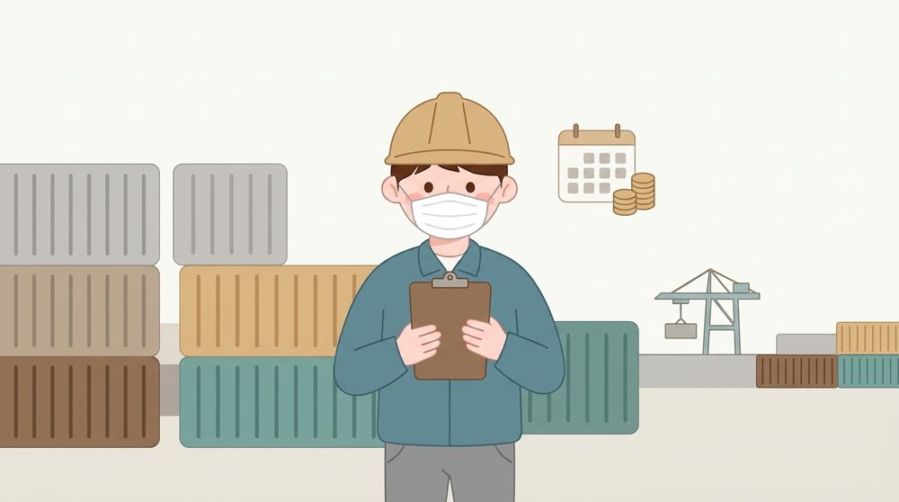 수출 컨테이너 앞에서 환급 일정을 확인하는 무역 회사 직원