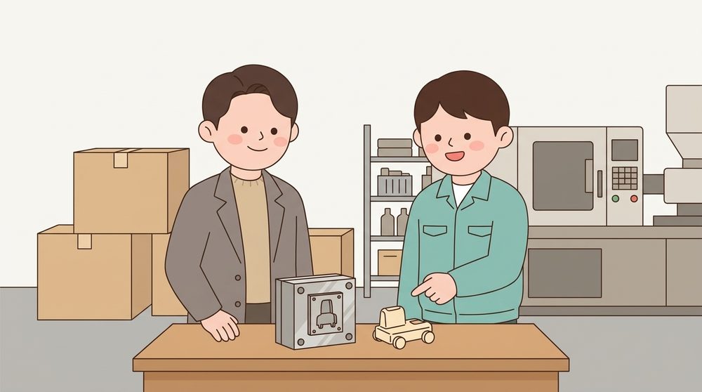 해외 공장에서 금형과 생산 샘플을 확인하는 OEM 수입 셀러
